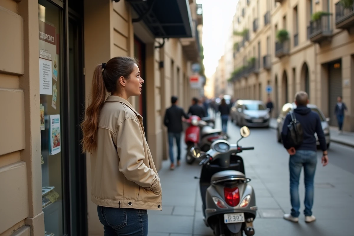 Une jeune femme à Barcelone regardant une liste de prix de cigarettes affichée sur un kiosque à journaux