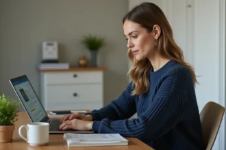 Femme consultant le blog Ptitclic sur son ordinateur portable pour gérer ses finances personnelles
