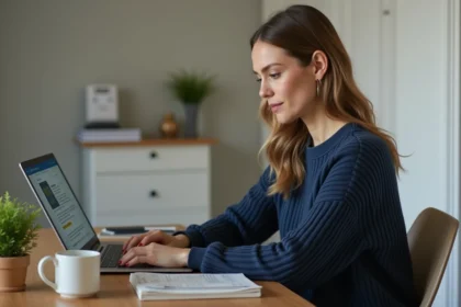 Femme consultant le blog Ptitclic sur son ordinateur portable pour gérer ses finances personnelles