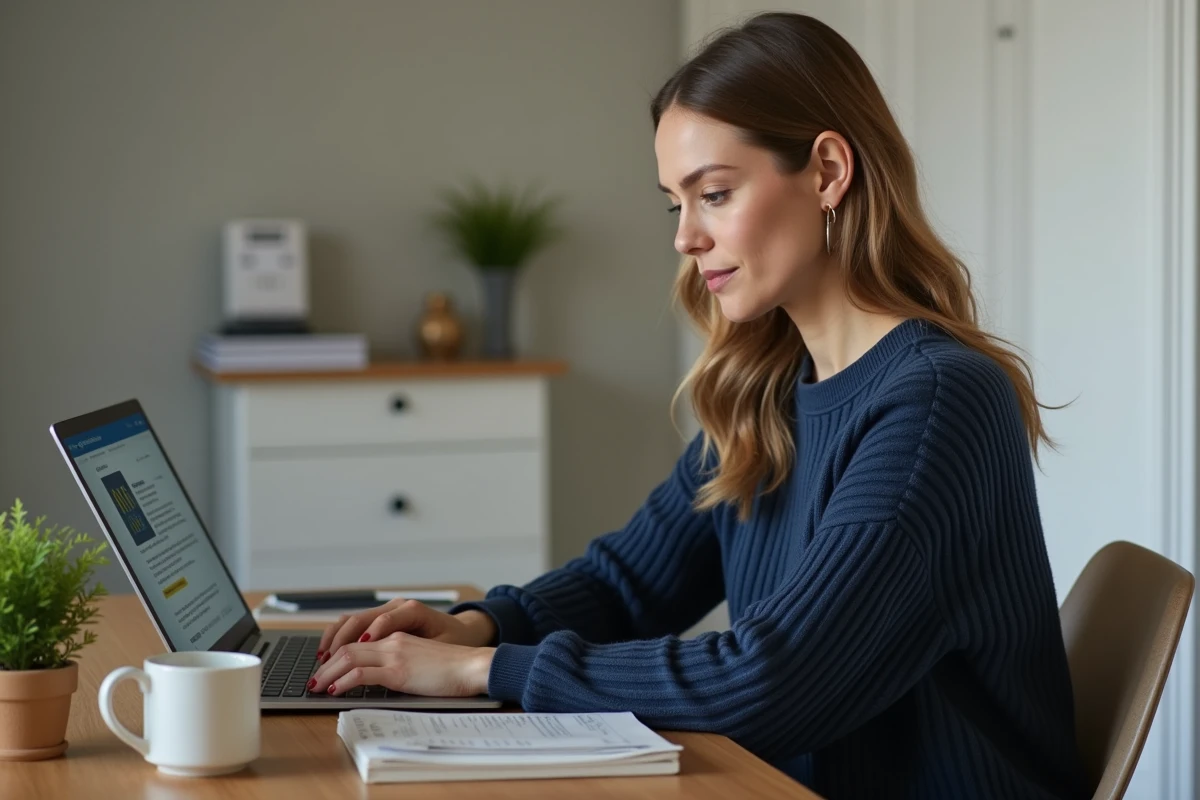 Femme consultant le blog Ptitclic sur son ordinateur portable pour gérer ses finances personnelles