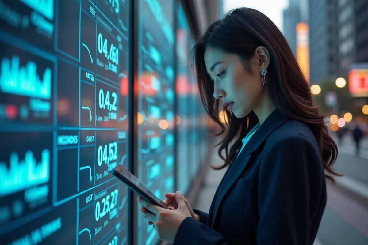 Femme professionnelle observant un tableau boursier numérique