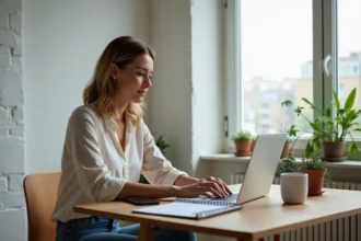 Femme concentrée travaillant à son bureau moderne