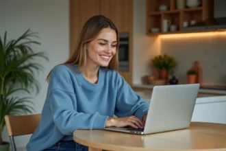 Femme souriante utilisant un ordinateur portable à la maison