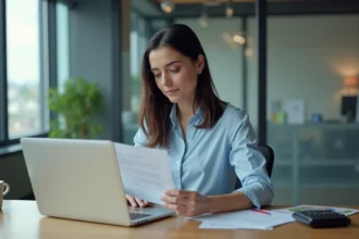Femme au bureau examinant un document professionnel