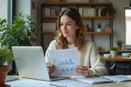Femme concentrée devant son ordinateur pour la vente en ligne