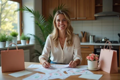 Femme souriante avec vouchers dans la cuisine moderne