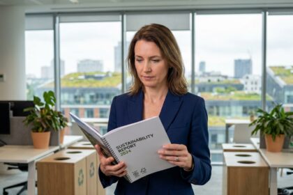 Femme cadre en entreprise tenant un rapport de développement durable avec des logos de certification environnementale