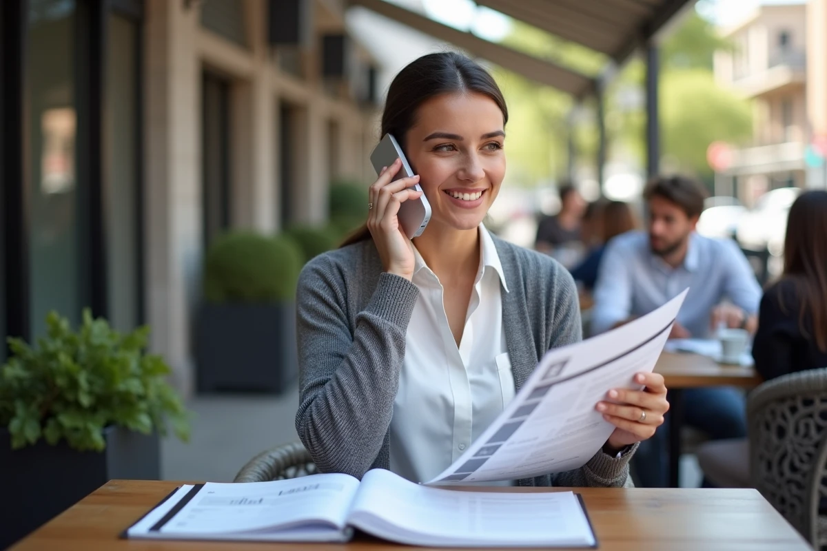 Jeune femme au téléphone avec rapport en main dans un café