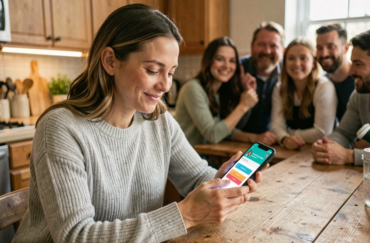 Femme consultant une application de cagnotte en ligne sur smartphone dans un appartement convivial