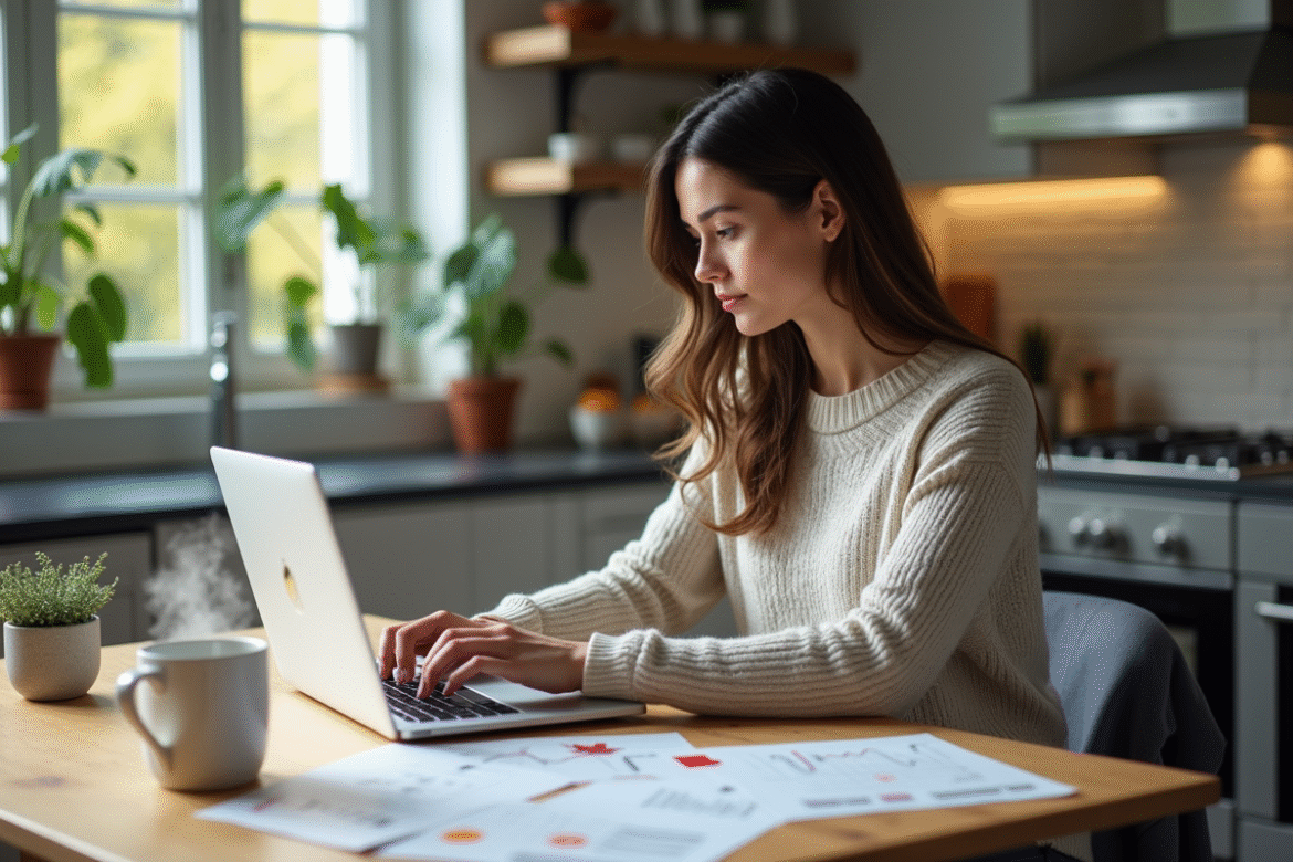 Jeune femme canadienne étudie sur son ordinateur à la maison