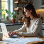 Jeune femme canadienne étudie sur son ordinateur à la maison