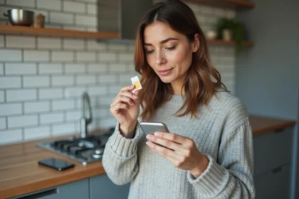 Femme tenant une carte SIM prépayée dans sa cuisine, comparant les offres mobiles