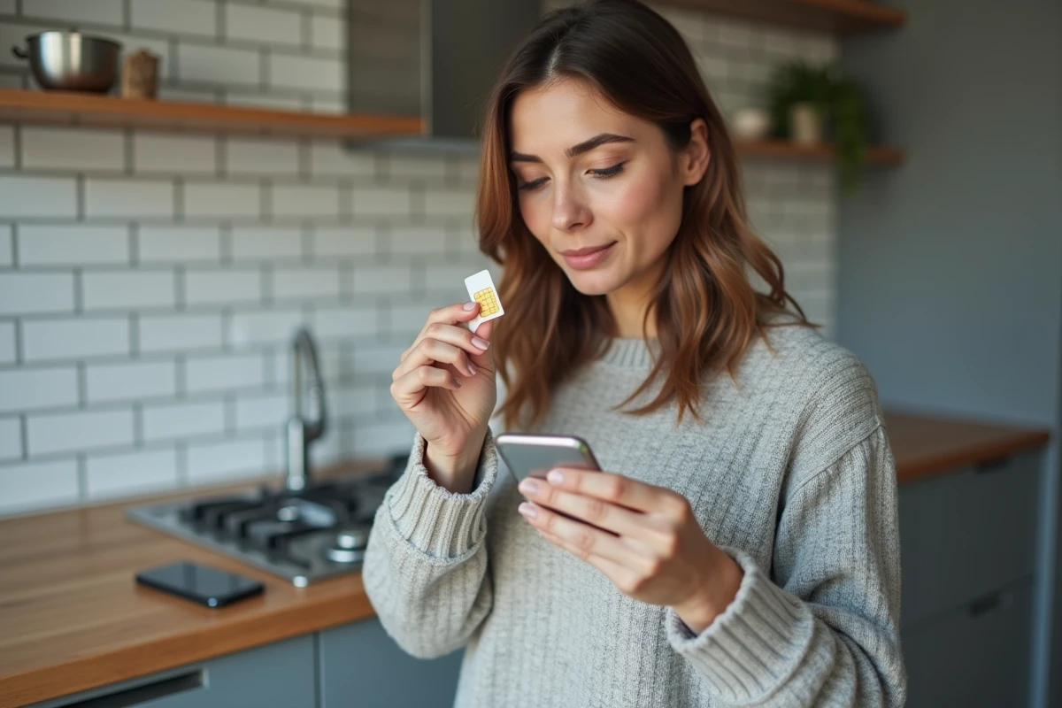 Femme tenant une carte SIM prépayée dans sa cuisine, comparant les offres mobiles
