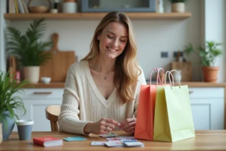 Femme souriante triant des cartes cadeaux dans la cuisine