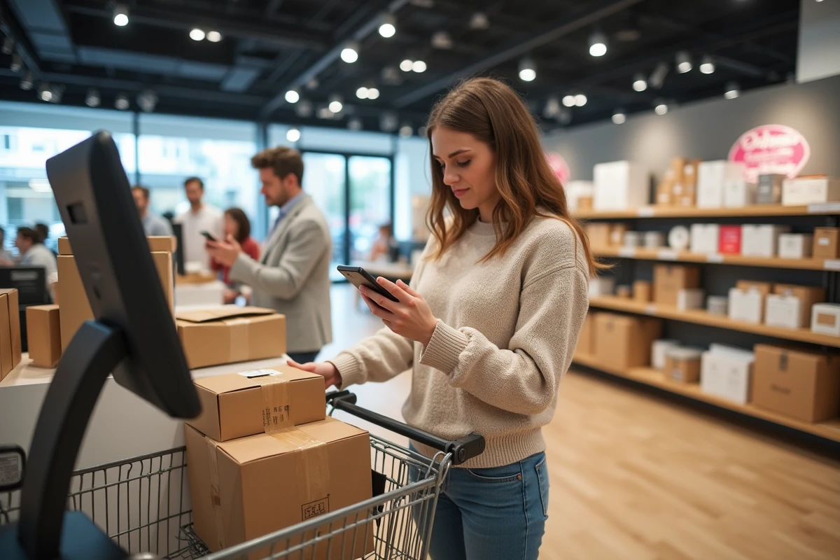 Femme décontractée dans un magasin de meubles en ligne