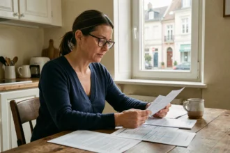 Femme de 40 ans comparant des documents de mutuelle santé à Nancy dans un appartement familial