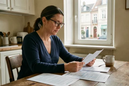 Femme de 40 ans comparant des documents de mutuelle santé à Nancy dans un appartement familial