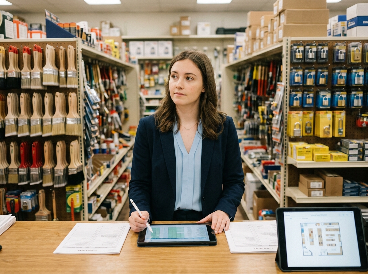 Jeune femme consultante en magasin avec outils et rayons