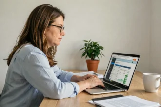 Femme consultant un site de banque en ligne sur son ordinateur portable pour ouvrir un compte Boursorama avec parrainage
