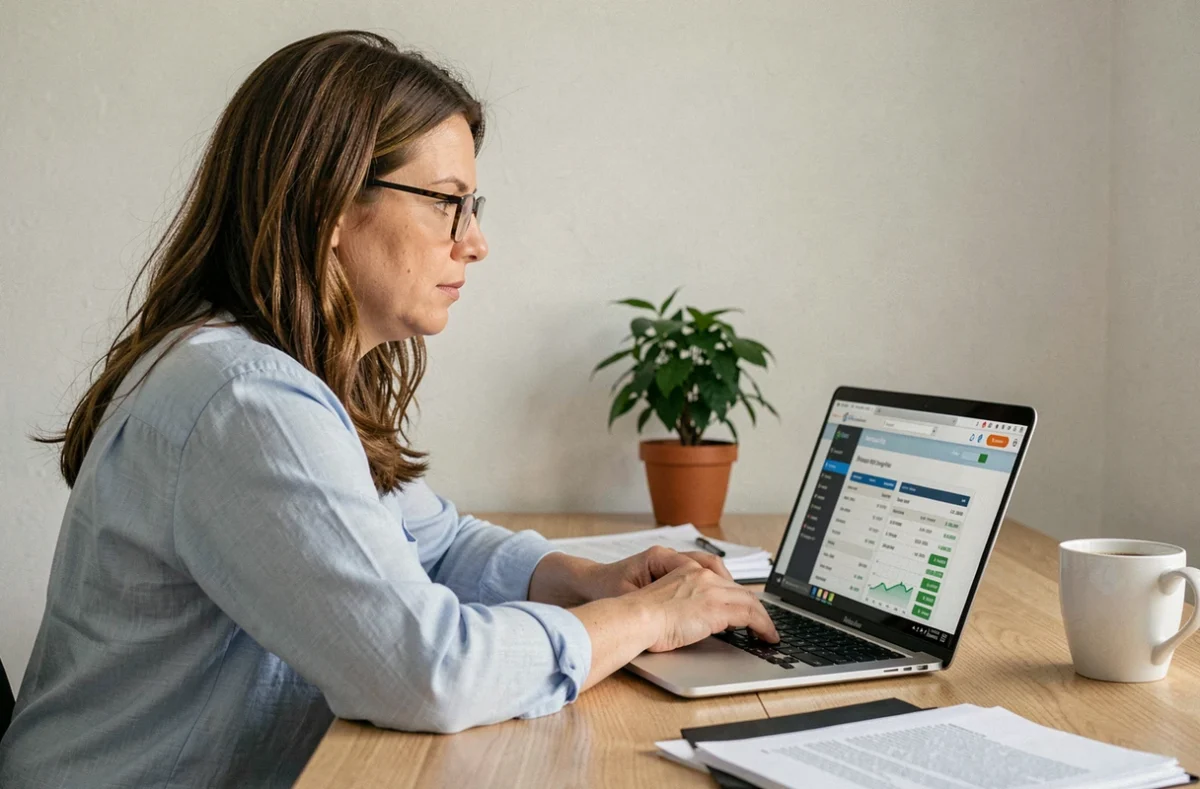 Femme consultant un site de banque en ligne sur son ordinateur portable pour ouvrir un compte Boursorama avec parrainage