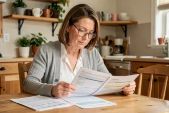 Femme d'une quarantaine d'années consultant des documents de mutuelle santé à la maison