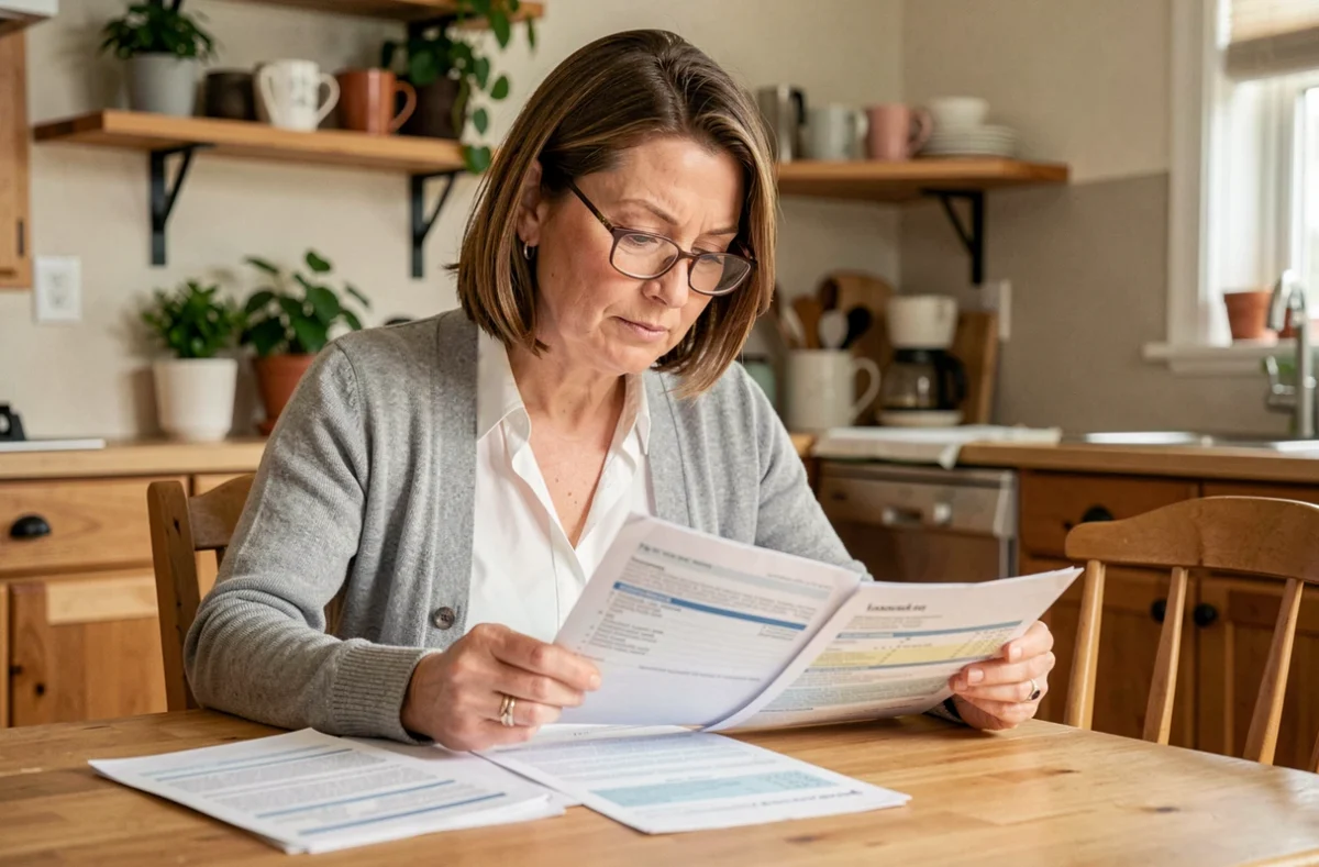 Femme d'une quarantaine d'années consultant des documents de mutuelle santé à la maison