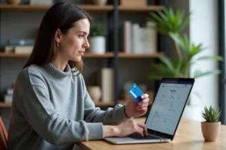 Femme consultant les frais d'un virement PayPal vers un compte bancaire sur son ordinateur portable