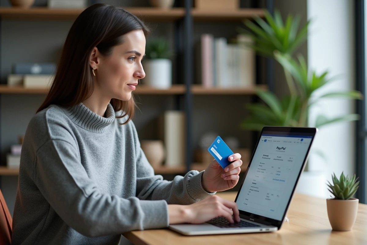 Femme consultant les frais d'un virement PayPal vers un compte bancaire sur son ordinateur portable