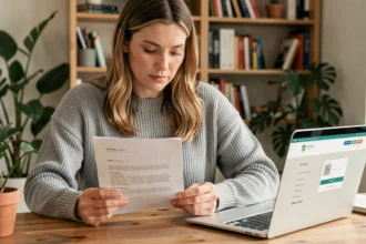 Femme consultant un contrat de crédit en ligne à son bureau à domicile avant de contacter Cofidis