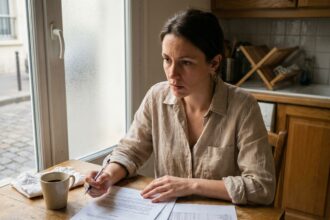 Femme examinant attentivement un contrat de crédit à la consommation avant de signer, assise dans une cuisine moderne