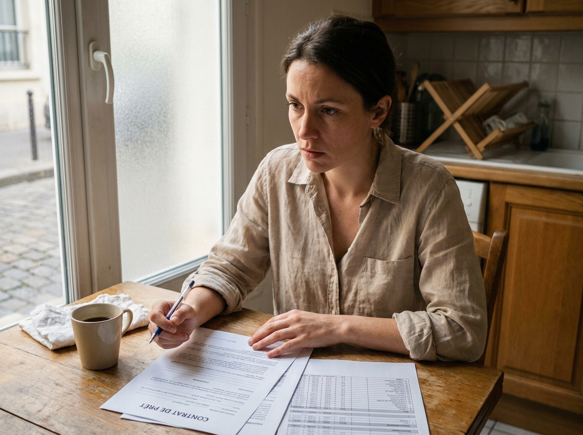 Femme examinant attentivement un contrat de crédit à la consommation avant de signer, assise dans une cuisine moderne