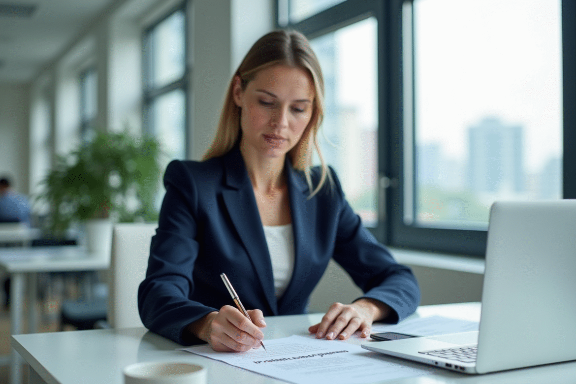 Femme en costume vérifiant un contrat de protection des paiements