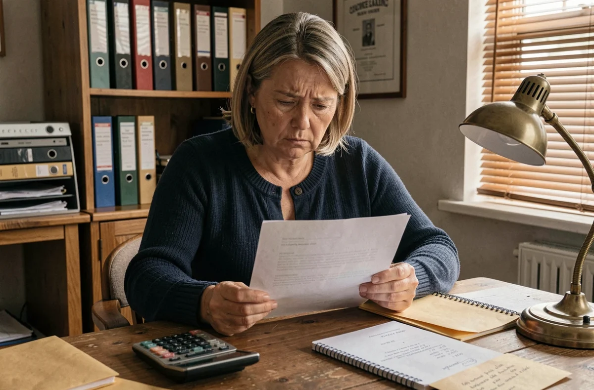Femme seule analysant un courrier de refus de rachat de crédit avec inquiétude devant un budget serré