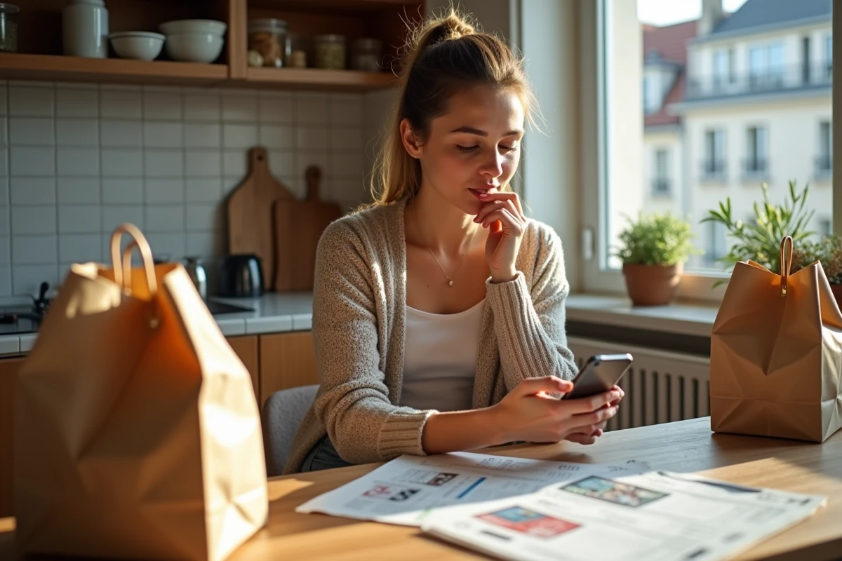 Jeune femme comparant tickets de caisse dans son appartement parisien