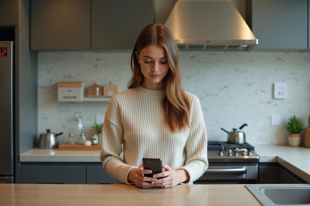 Jeune femme dans la cuisine utilisant smartphone et appareil