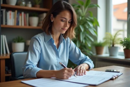 Femme consultant des documents administratifs pour un déménagement ou une succession au SGC Mérignac