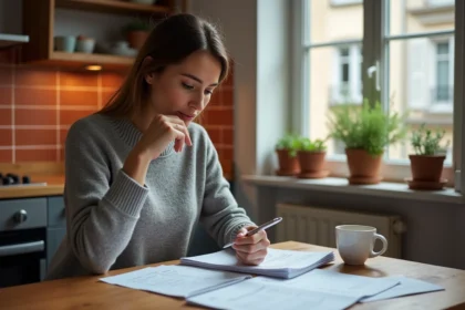 Femme de 40 ans analysant ses documents d'épargne à la table de sa cuisine, illustrant le choix entre Livret A et LEP en 2026