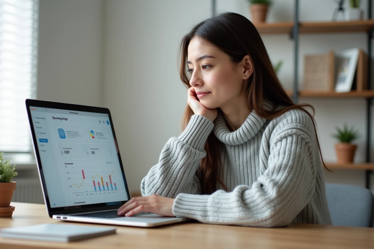 Femme consultant son espace client Hello Bank sur un ordinateur portable depuis son bureau à domicile