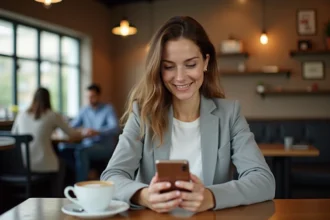 Femme consultant son espace client Merci Victor sur smartphone dans un café urbain