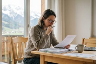 Femme concentrée étudiant des documents financiers dans un appartement suisse