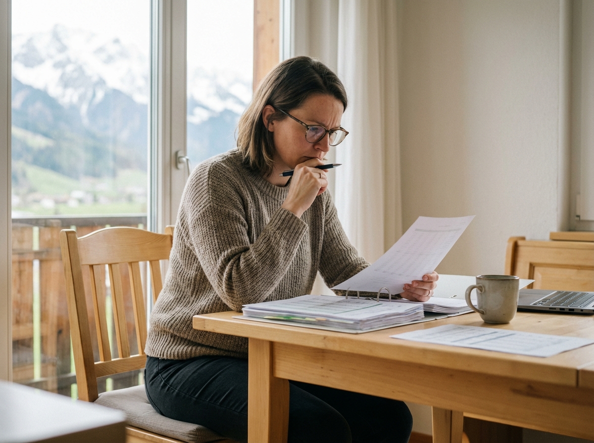 Femme concentrée étudiant des documents financiers dans un appartement suisse