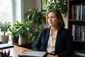 Femme d'affaires en bureau moderne avec portfolio digital