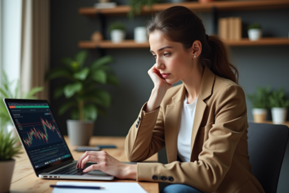 Jeune femme regardant des graphiques de cryptomonnaies sur son ordinateur