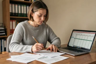 Femme consultant le formulaire 2044 pour déclaration de revenus fonciers à son bureau à domicile