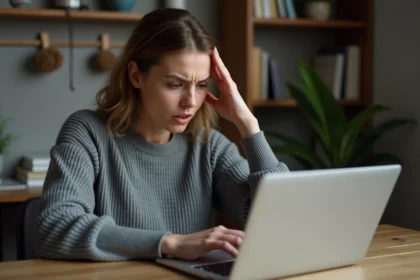 Femme frustrée devant un ordinateur portable affichant une erreur de connexion bancaire en ligne