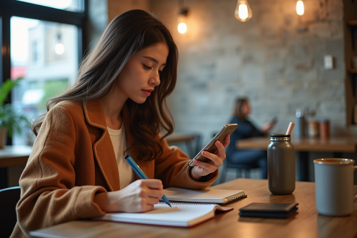Femme vérifiant ses finances sur smartphone au café