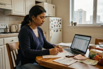 Femme immigrante qui analyse ses dépenses et factures dans un appartement canadien typique