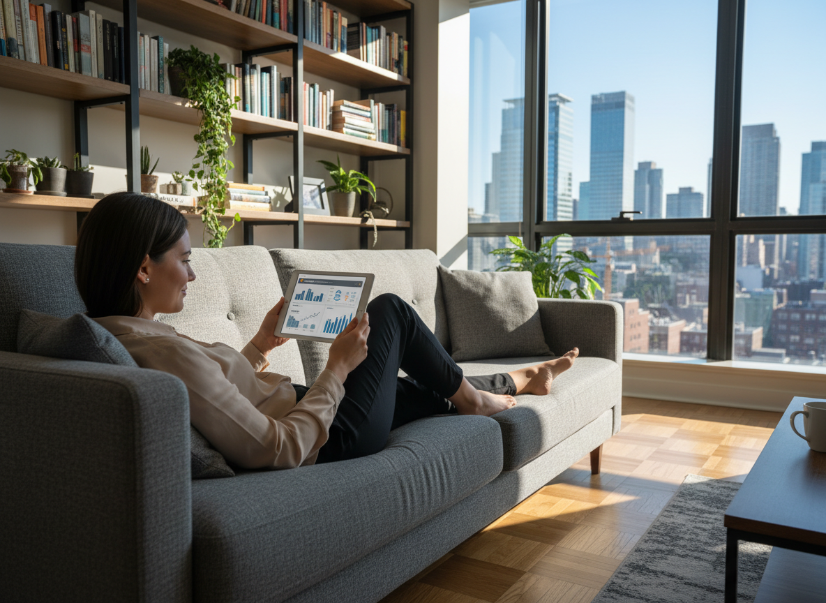Jeune femme avec tablette dans un salon lumineux