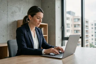 Femme professionnelle investissant en SCPI digitale sur son ordinateur portable dans un bureau moderne