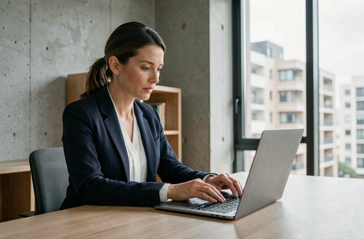 Femme professionnelle investissant en SCPI digitale sur son ordinateur portable dans un bureau moderne